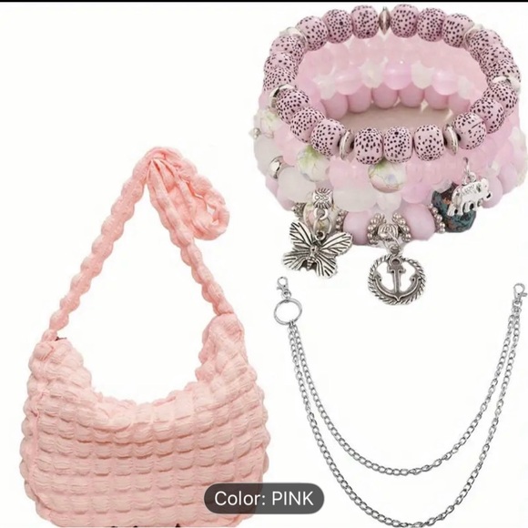 Elegant Pink Woven Shoulder Bag and Bracelet Set